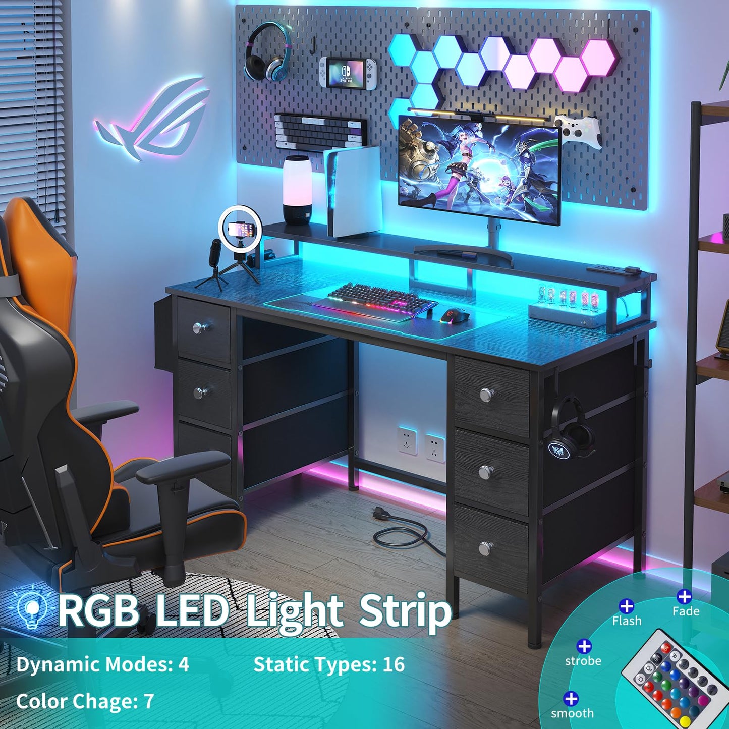 Lufeiya Gaming Desk with LED Lights and Power Outlets, 47 inch Computer Desk with Fabric Drawers & Storage Shelves, Home Office Desk with Monitor Stand, Black