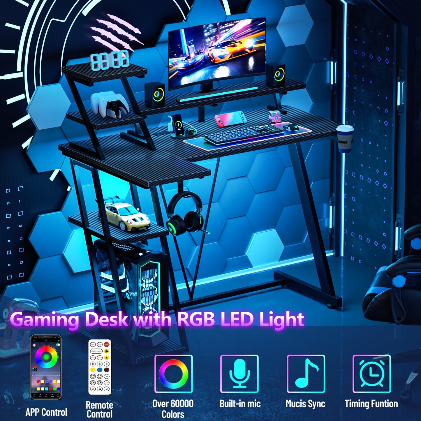 Korfile L Shaped Gaming Desk with LED Lights & Power Outlet, Reversible Computer Desk with Extra Storage Shelves, Gamer Workstations with Monitor Stand for Bedroom, 39 Inch, Carbon Fiber Black