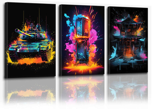 3 Pcs Popular Neon Lights Posters Color Graffiti Splash Ink Canvas Printings Tank Sound Attic Pictures Teenagers Bedroom Colorful Aesthetics Sport Wall Decor Game Room Wall Art Decor 12x16 Inches Unframed