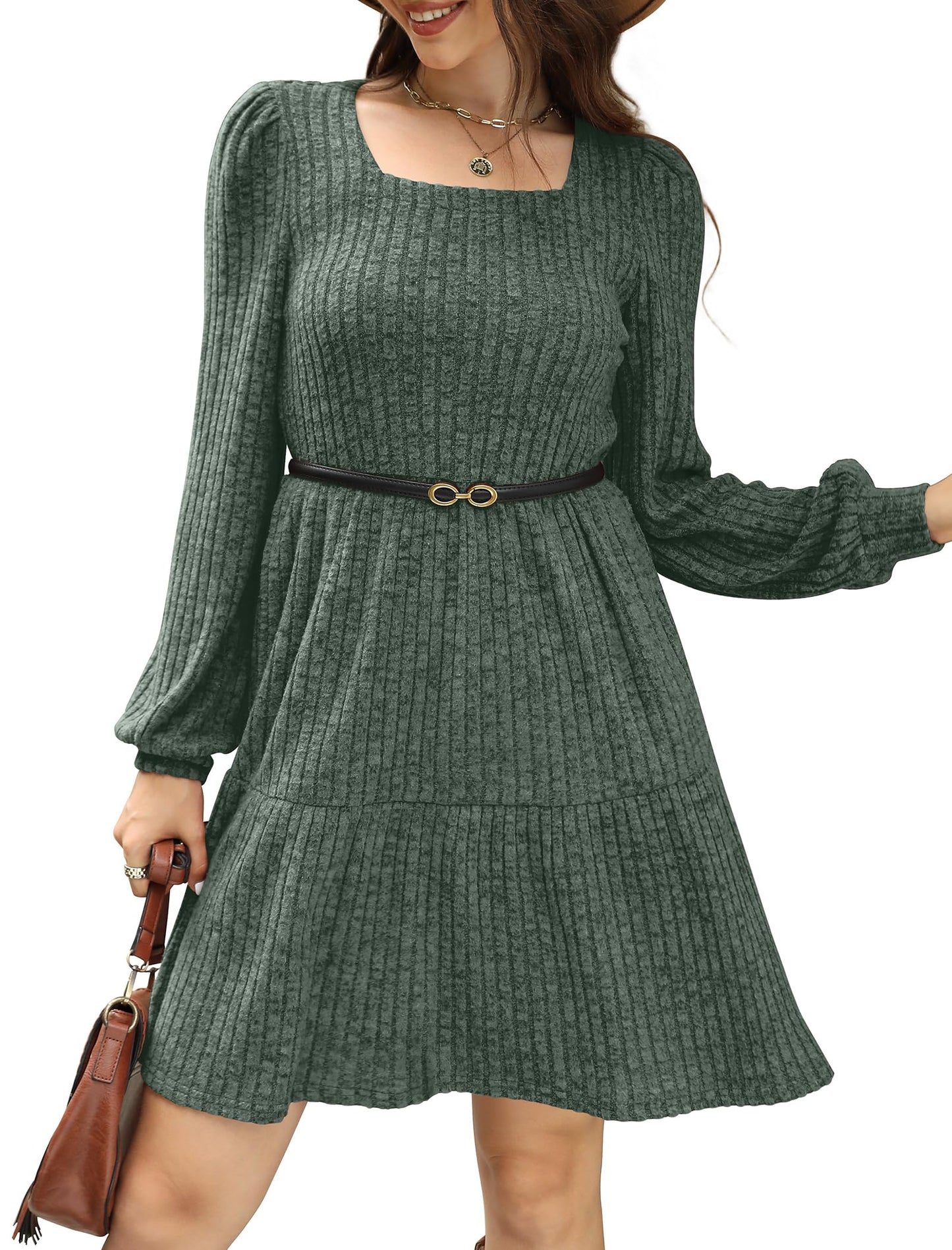 Womens Dresses Square Neck Winter Christmas Long Sleeve Spring Dress with Pockets 2024 Green M