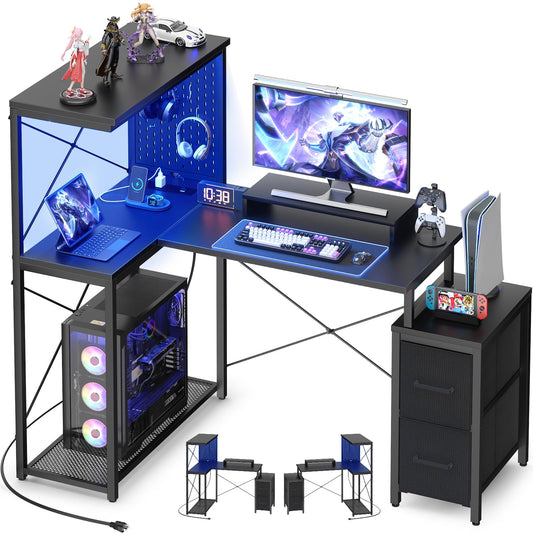 L Shaped Gaming Desk with 2 Fabric Drawers - Reversible Computer Desk with Power Outlet & LED Lights, 48" Corner Desk with Monitor Stand & Storage Shelves, Office Study Table with Pegboard, Black