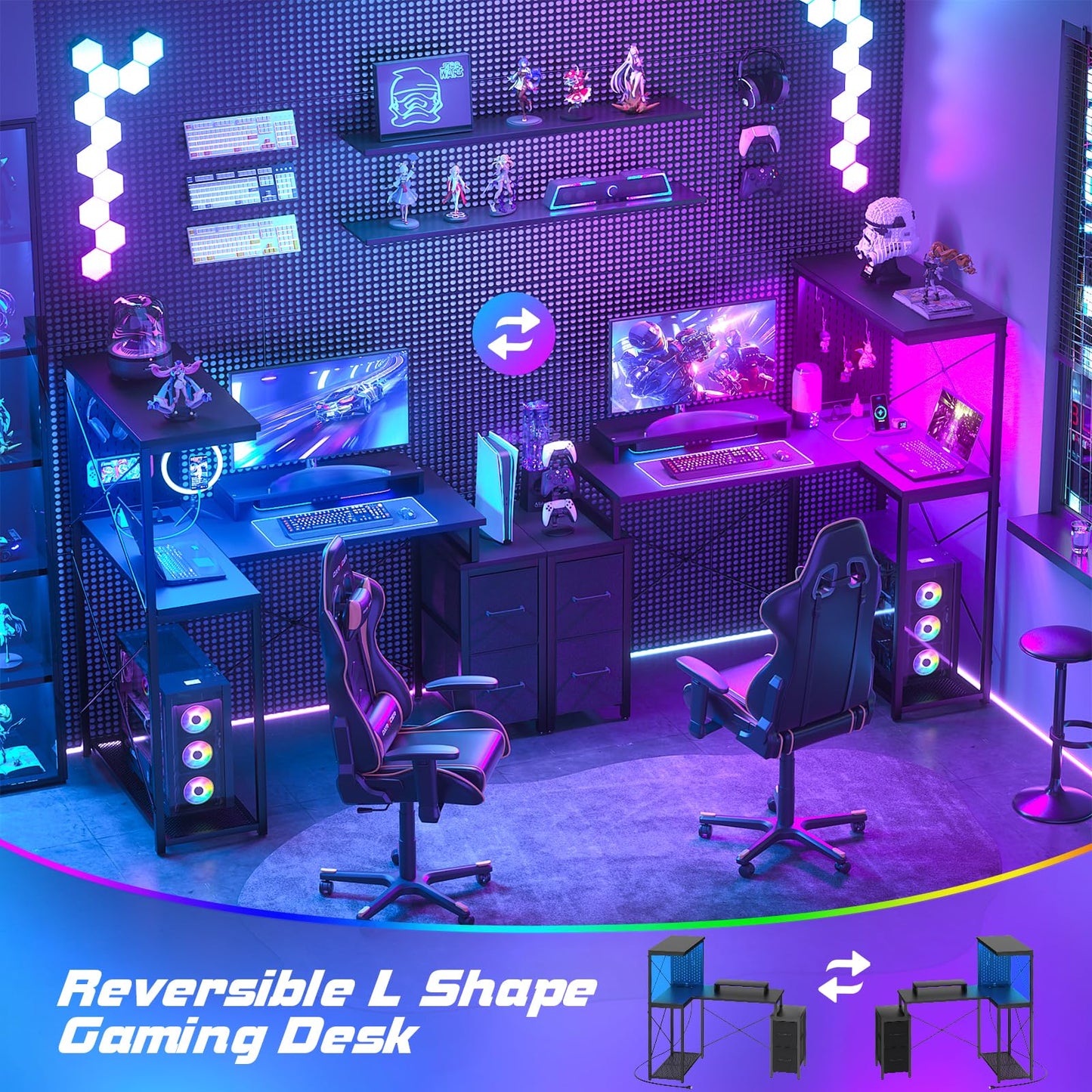 L Shaped Gaming Desk with 2 Fabric Drawers - Reversible Computer Desk with Power Outlet & LED Lights, 48" Corner Desk with Monitor Stand & Storage Shelves, Office Study Table with Pegboard, Black