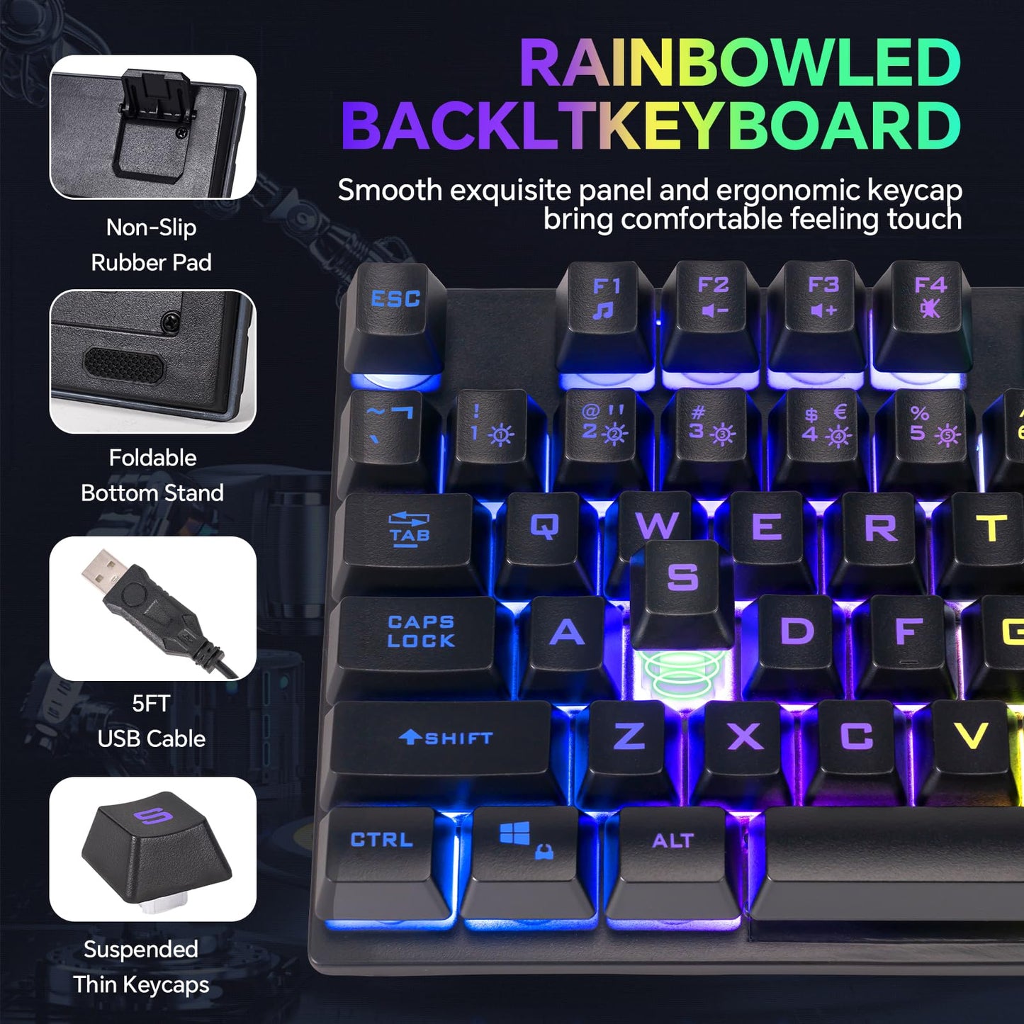 Gaming Keyboard Mouse Mousepad and Headset with mic Combo All in One USB Wired RGB Backlit Rainbow Side Button Gamer Bundle Set Compatible with PC Windows Xbox one PS4 PS5(Black)