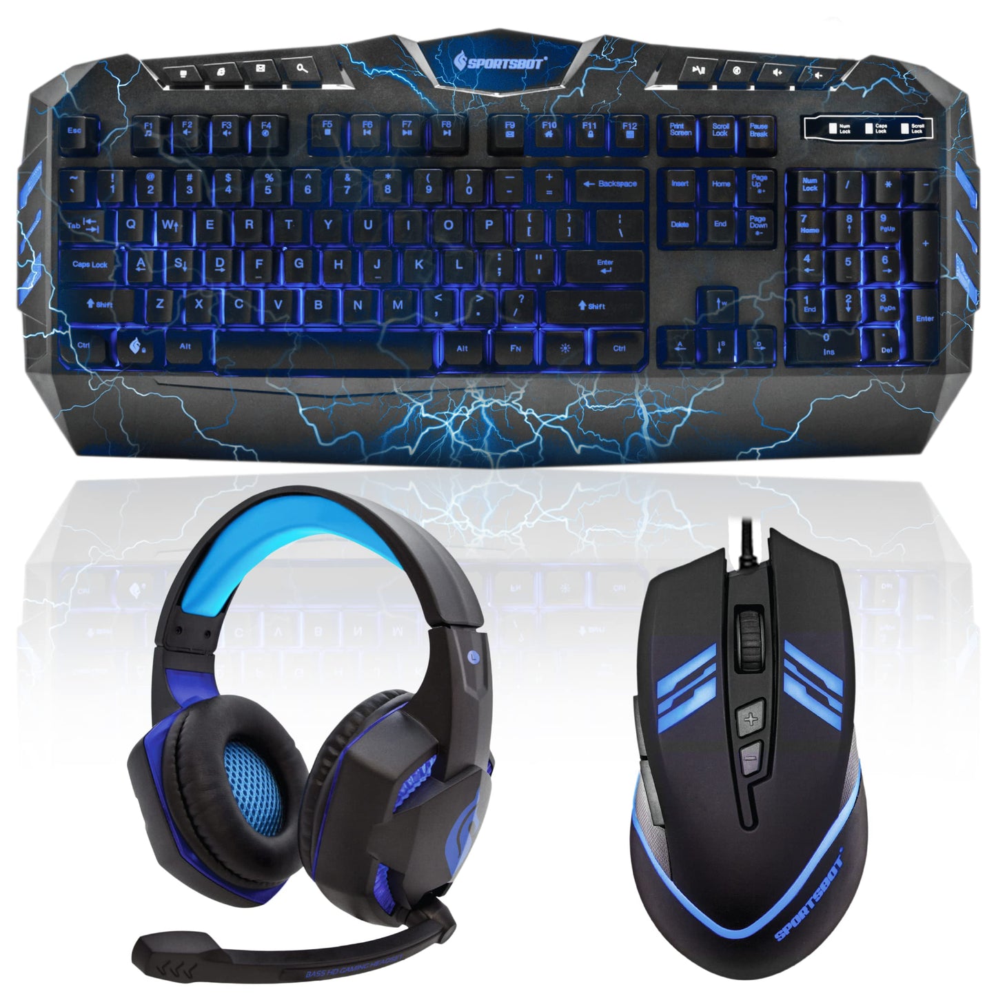 Soundbot SportsBot SS301 Blue LED Gaming Over-Ear Headset Headphone, Keyboard & Mouse Combo Set w/ 40mm Speaker Driver, Microphone, Multimedia Keys & Window Key Lock, 4 DPI Levels (BLU)