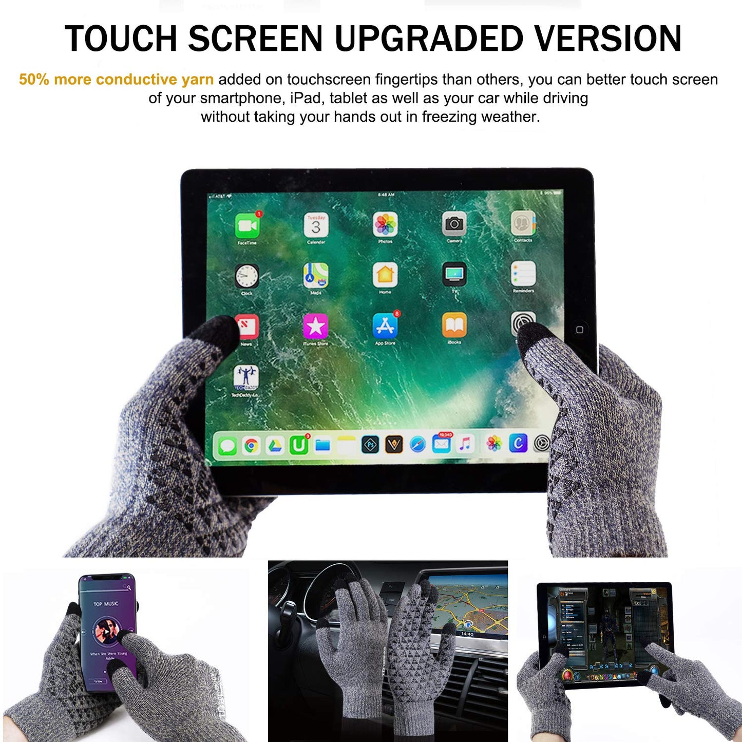 TRENDOUX Gloves Women, Winter Warm Touchscreen Gloves for Men, Knit Texting Driving Gloves Unisex - Anti-Slip Silicone Gel - Soft Liners - Elastic Cuff - Thermal Cold Weather Glove - Light Gray - XL