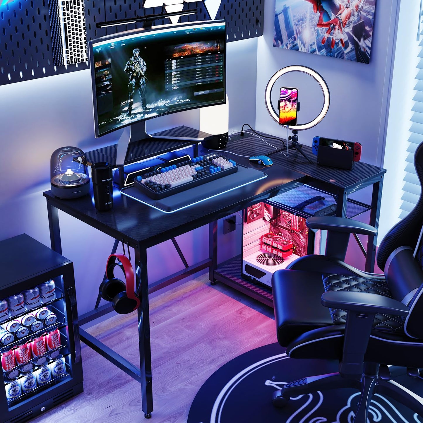 ViHOTA 47 Inch L-Shaped Gaming Desk with LED Lights, Gamer Desk, PC Gaming Desk, Office Table, Computer Desk L-Shaped with Shelves, Corner Desk for Small Space, Bedroom, Esports Room, Black