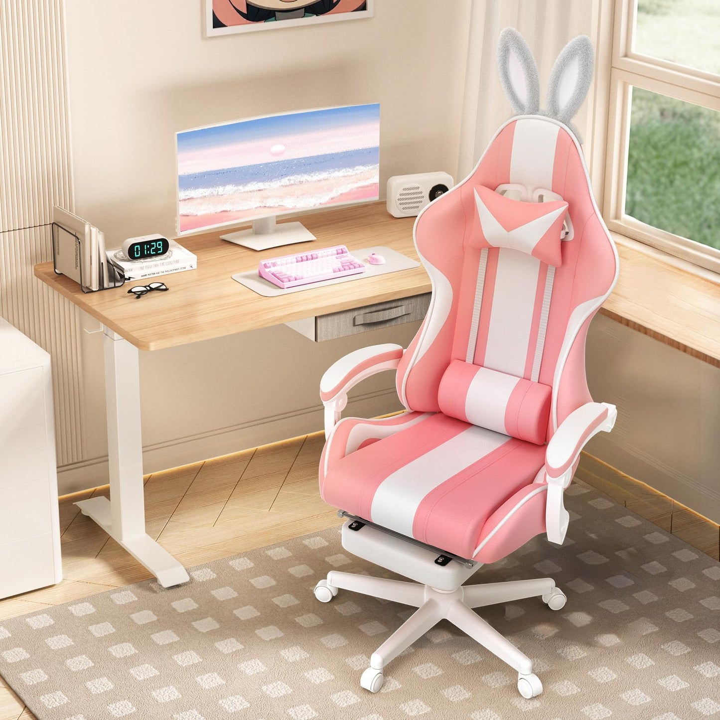 Ferghana Kawaii Pink Gaming Chair with Bunny Ears, Ergonomic Cute Gamer Chair with Footrest and Massage, Racing Reclining Home Computer Game Chair for Girls Adults Teens Kids