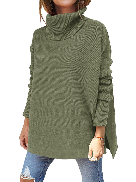 ANRABESS Women's Oversized Turtleneck Batwing Sleeve Spilt Casual Loose Knit Tunic Pullover Sweater Tops 2024 Fall Outfits Olive X-Small