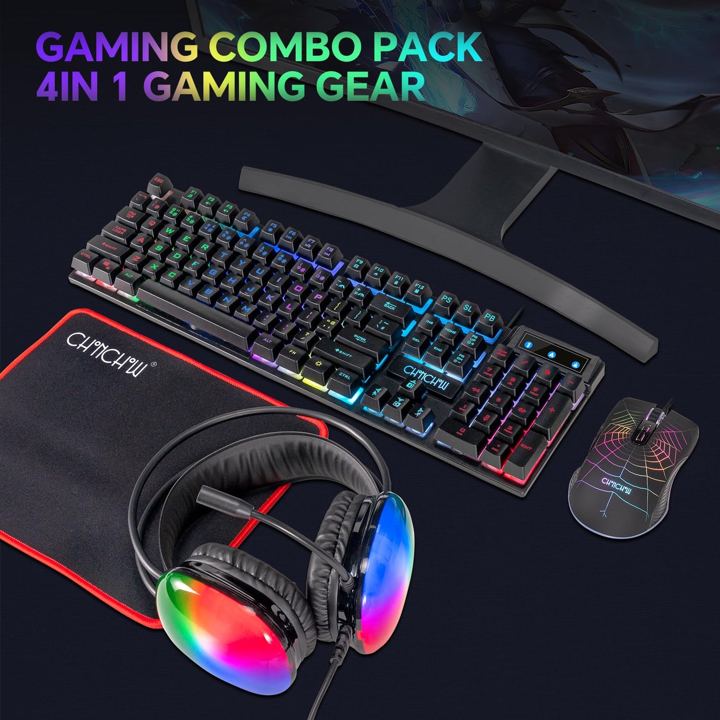 Gaming Keyboard Mouse Mousepad and Headset with mic Combo All in One USB Wired RGB Backlit Rainbow Side Button Gamer Bundle Set Compatible with PC Windows Xbox one PS4 PS5(Black)