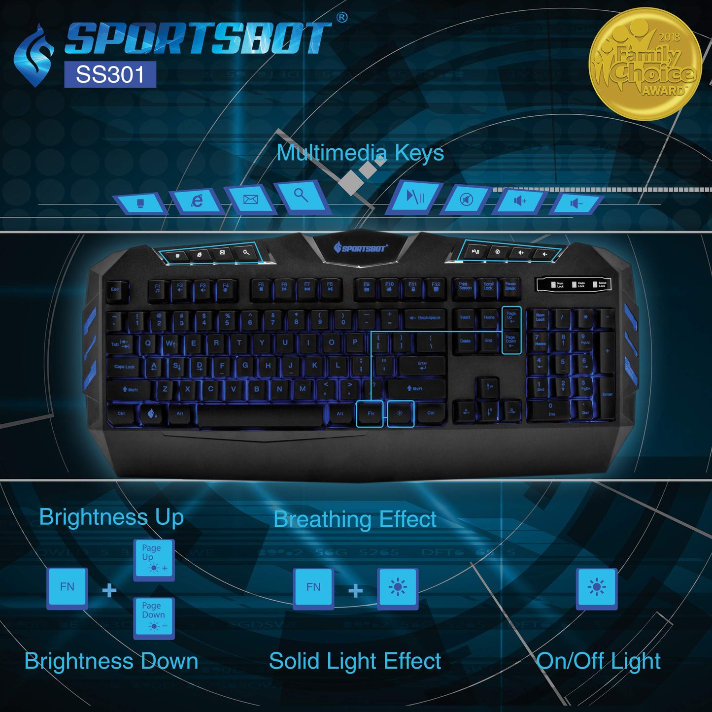 Soundbot SportsBot SS301 Blue LED Gaming Over-Ear Headset Headphone, Keyboard & Mouse Combo Set w/ 40mm Speaker Driver, Microphone, Multimedia Keys & Window Key Lock, 4 DPI Levels (BLU)