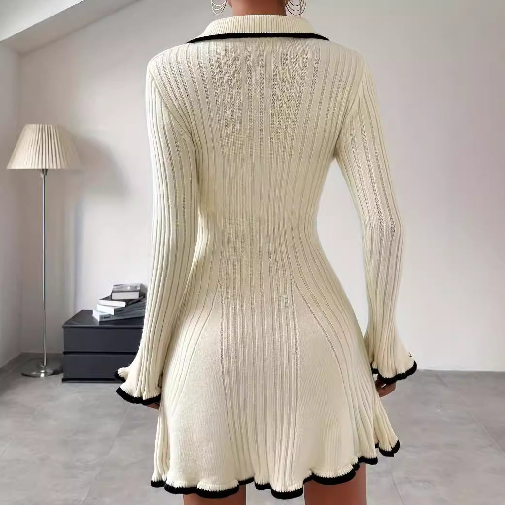 European And American Contrast Color Classic Style Elegant Slim Knit Dress