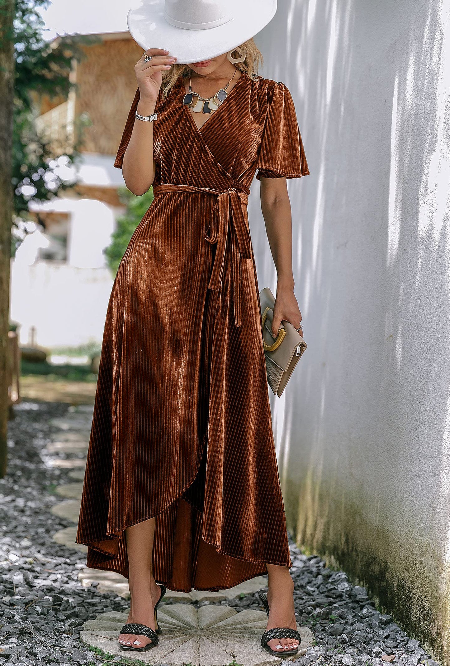 BerryGo Women's 2024 Fall Velvet Wrap Dresses Long Maxi Dress for Wedding Guest Vestidos Elegantes De Mujer para Fiesta Burnt Orange M