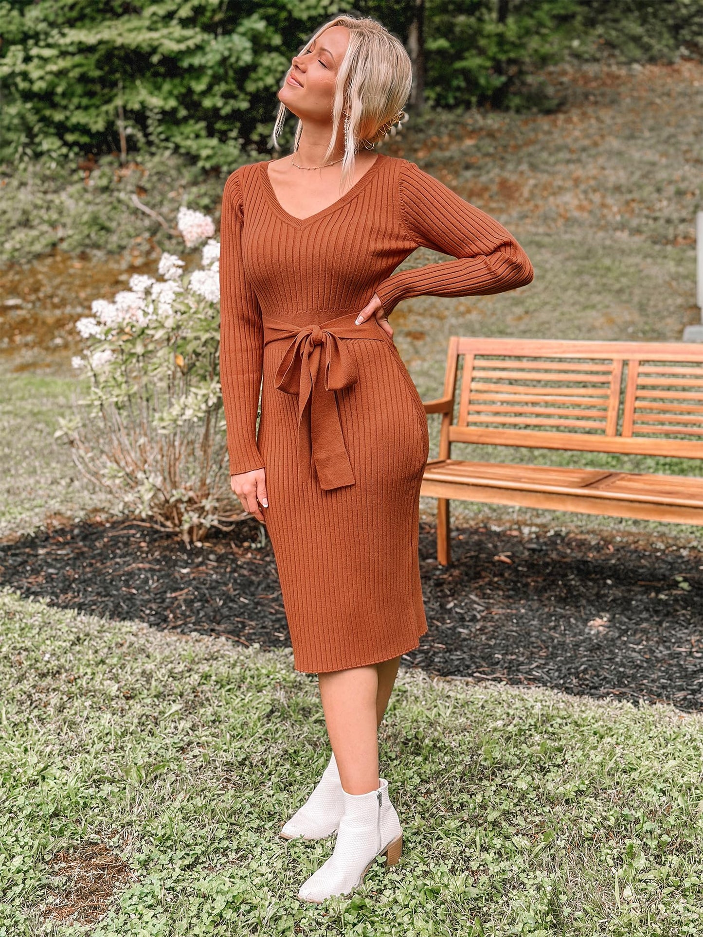 Newshows Womens 2024 Fall Sweater Dress Long Sleeve V Neck Business Casual Outfits Winter Fashion A-Line Belted Dresses(Orange,L)