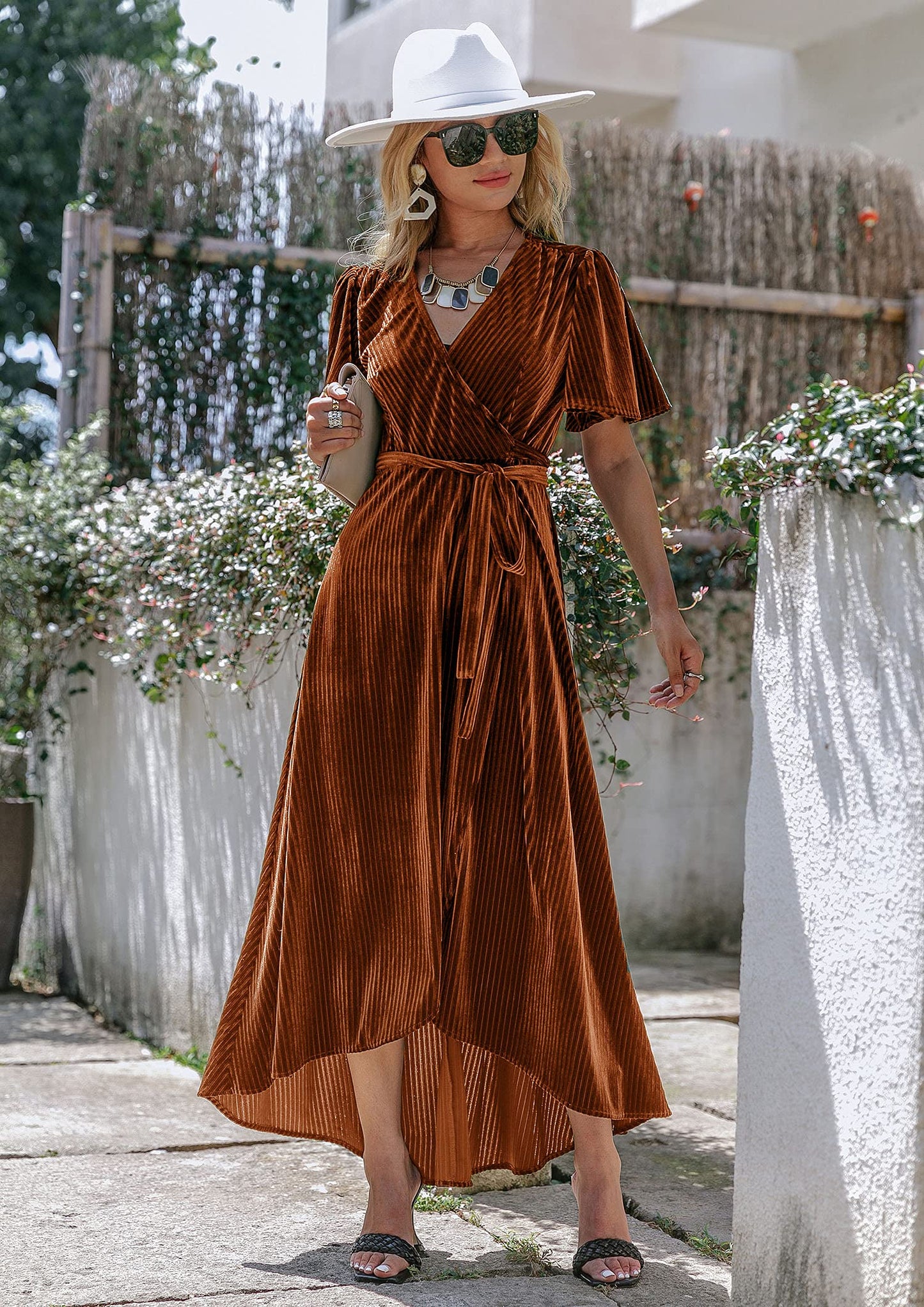 BerryGo Women's 2024 Fall Velvet Wrap Dresses Long Maxi Dress for Wedding Guest Vestidos Elegantes De Mujer para Fiesta Burnt Orange M