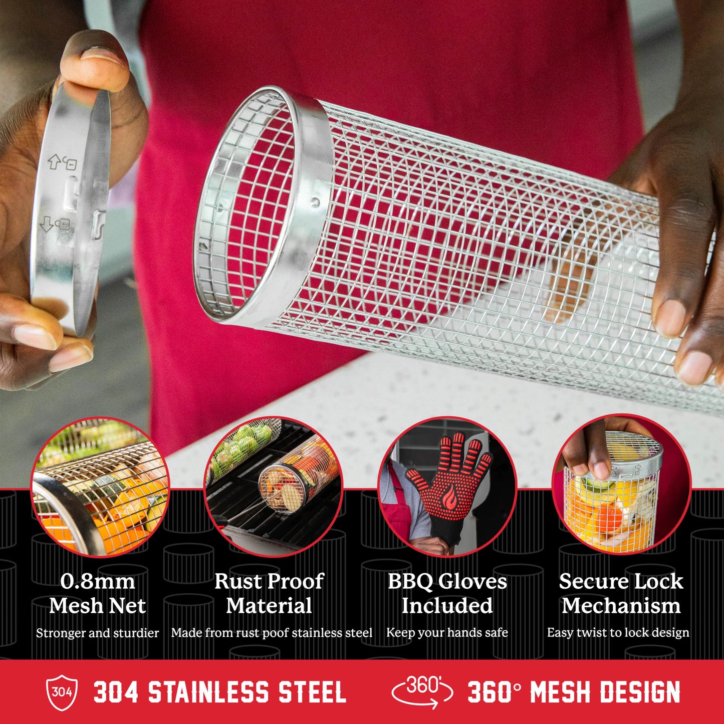 Blazin' Grill Rolling Grill Basket | Rolling Grilling Baskets for Outdoor Grilling 2 Pcs | Barbecue Grill Set with BBQ Gloves | Portable Camping Net Rack Perfect for Vegetables, Seafood & Meat |