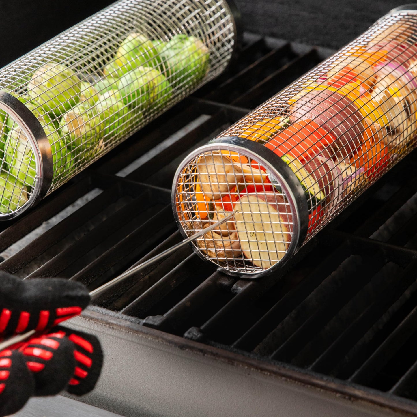 Blazin' Grill Rolling Grill Basket | Rolling Grilling Baskets for Outdoor Grilling 2 Pcs | Barbecue Grill Set with BBQ Gloves | Portable Camping Net Rack Perfect for Vegetables, Seafood & Meat |