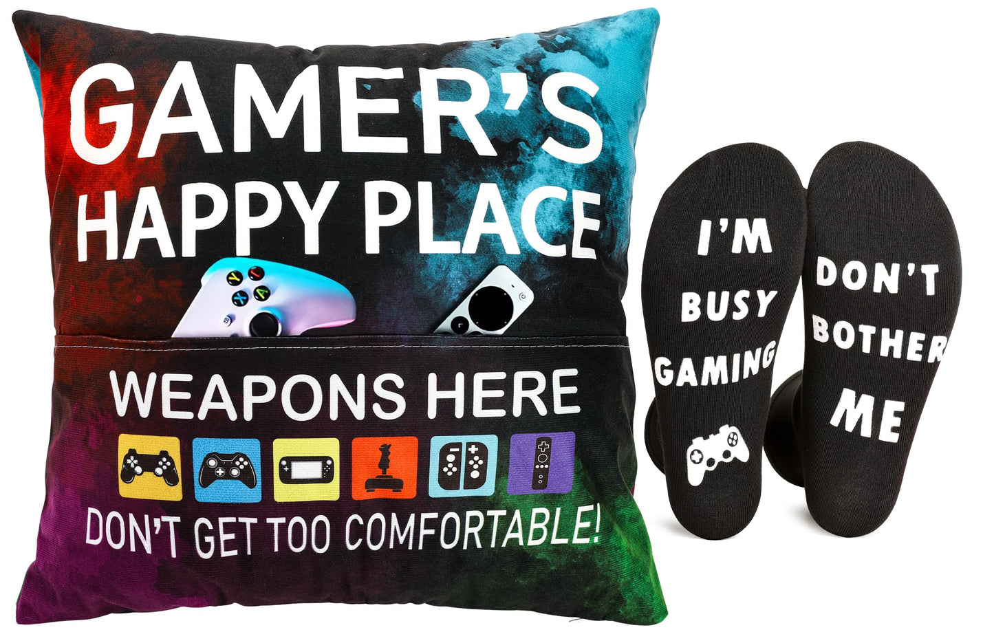 OCCdesign Gamer Gifts for Teenage Boys, Gaming Room Decoration, Gamer Pillow Cover and Game Socks Gifts Set, Easter Basket Stuffers for Teens Boys Girls Men Father Boyfriends 18" x 18"