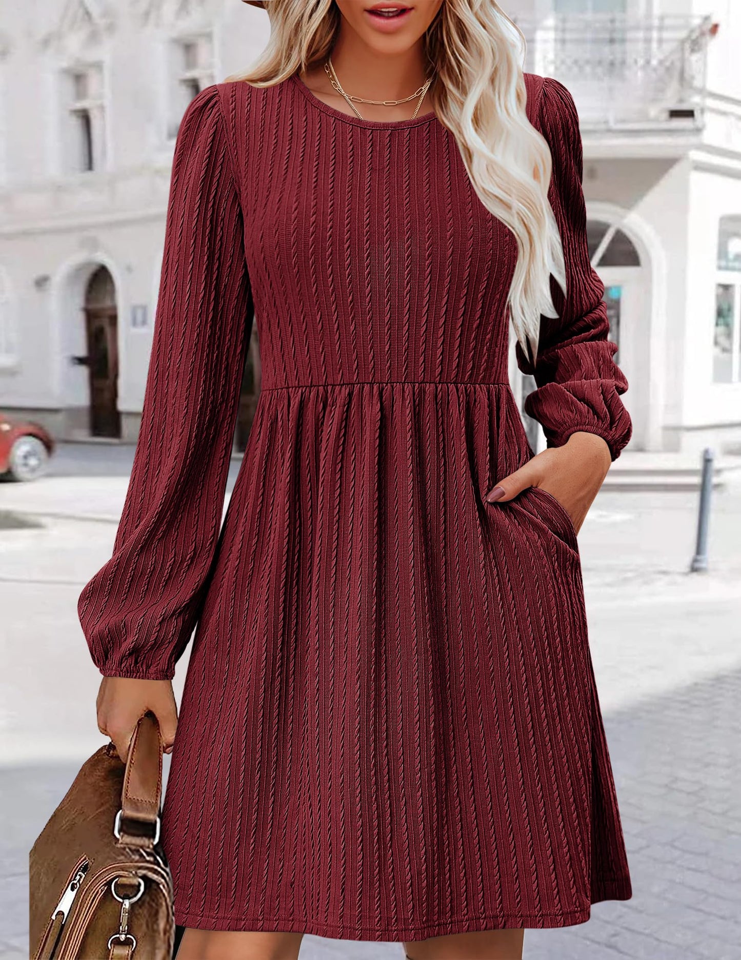 Zeagoo Casual Winter Dress for Women 2024 Long Sleeve Tunic Dresses with Pockets Fall Knit Sweater Dress Crew Neck Babydoll Dresses Wine Red Medium