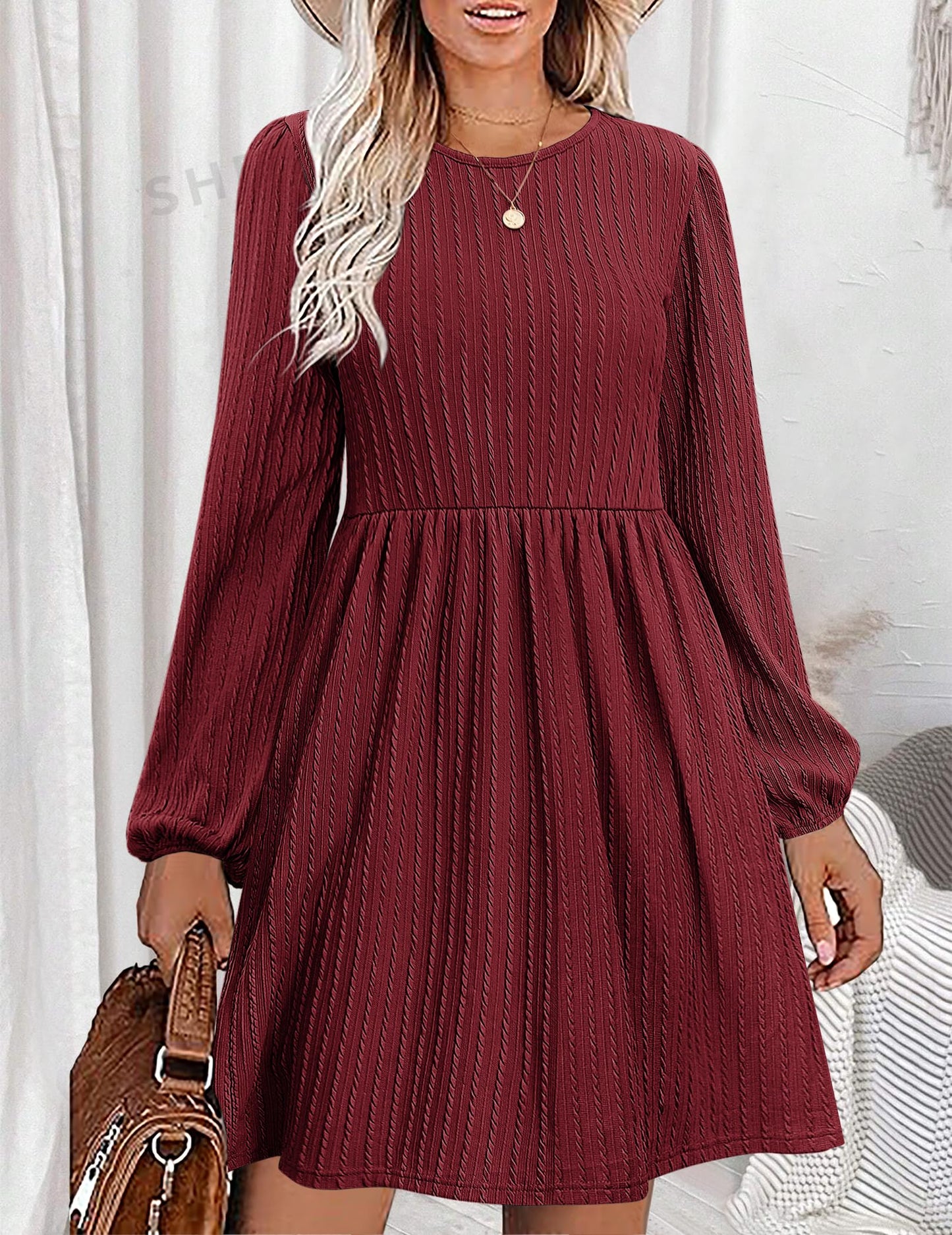 Zeagoo Casual Winter Dress for Women 2024 Long Sleeve Tunic Dresses with Pockets Fall Knit Sweater Dress Crew Neck Babydoll Dresses Wine Red Medium