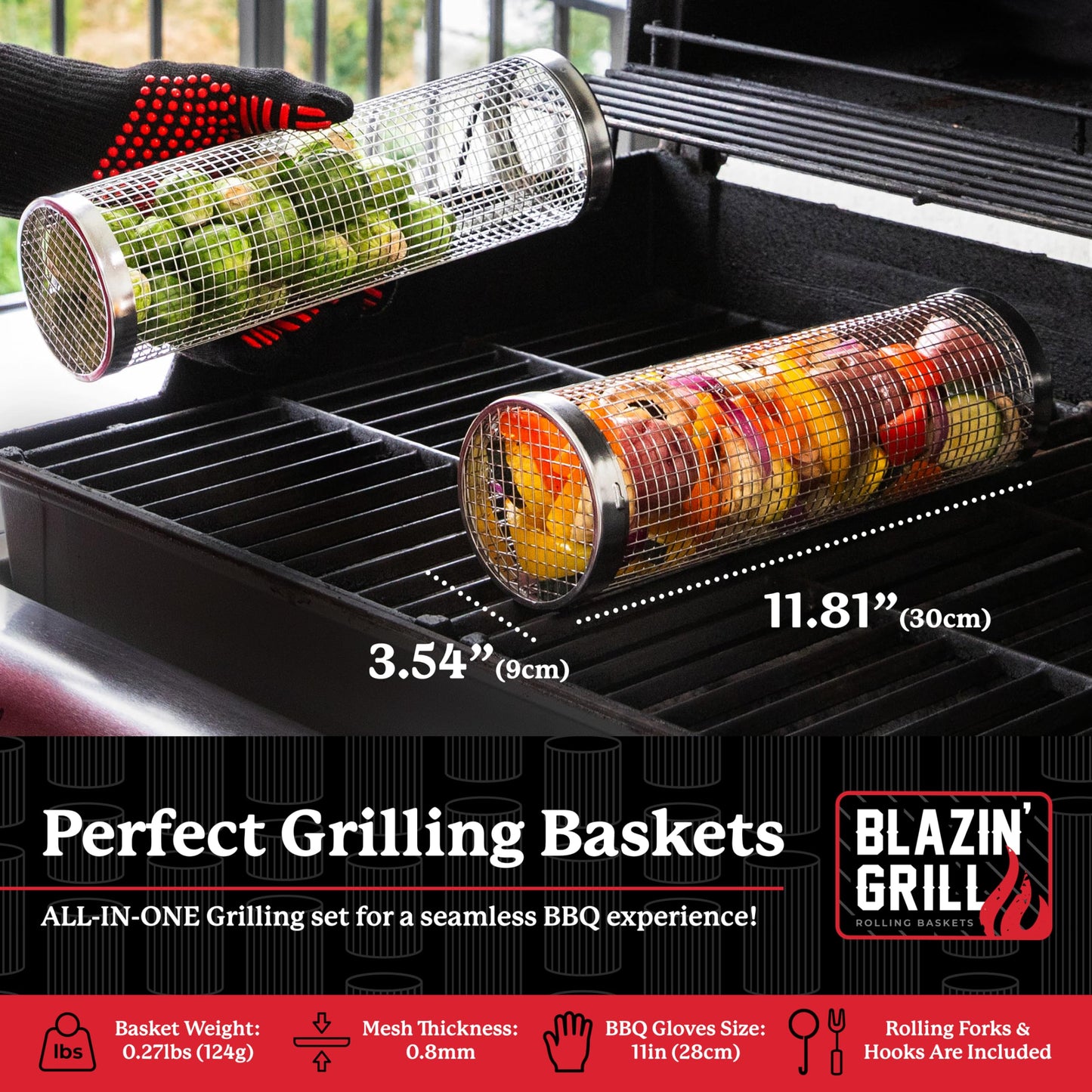 Blazin' Grill Rolling Grill Basket | Rolling Grilling Baskets for Outdoor Grilling 2 Pcs | Barbecue Grill Set with BBQ Gloves | Portable Camping Net Rack Perfect for Vegetables, Seafood & Meat |