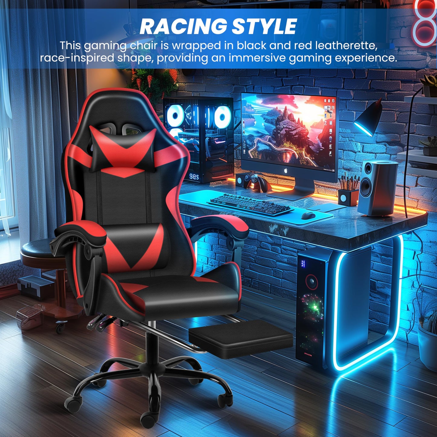 YSSOA Gaming Chair, Computer Chair with Footrest, Height Adjustable & 90°-135° Tilt Function, Swivel Recliner Ergonomic Racing Style Video Game Chair with Lumbar Support (Red)