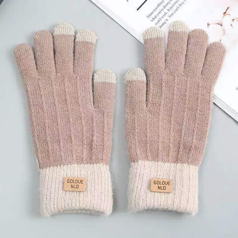 Winter Mittens Brown Striped Embroidered Warm Cycling Spot Universal Cartoon Gloves Ins