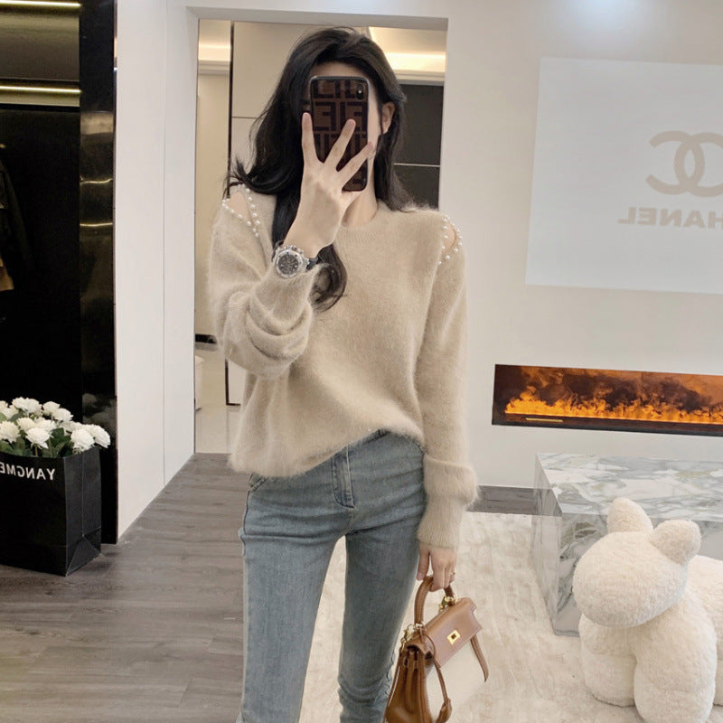 Off-the-shoulder Sleeves Beaded Mink-like Wool Pullover Sweater