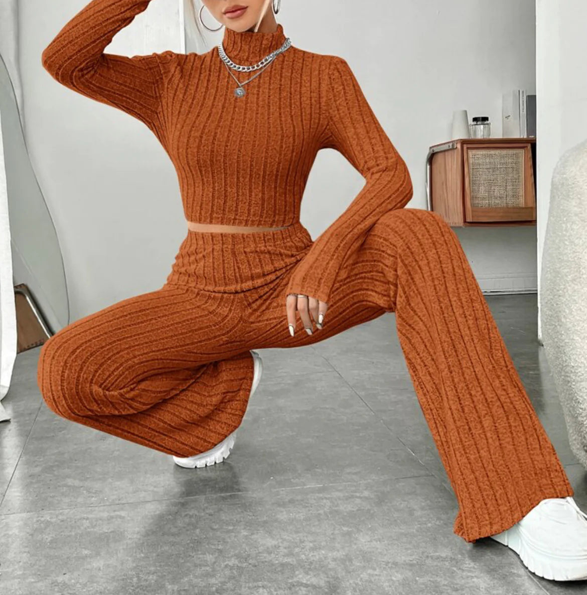 ESSENTIAL Long Sleeve Turtlenecks Wide Leg t High Waist Trousers Suit