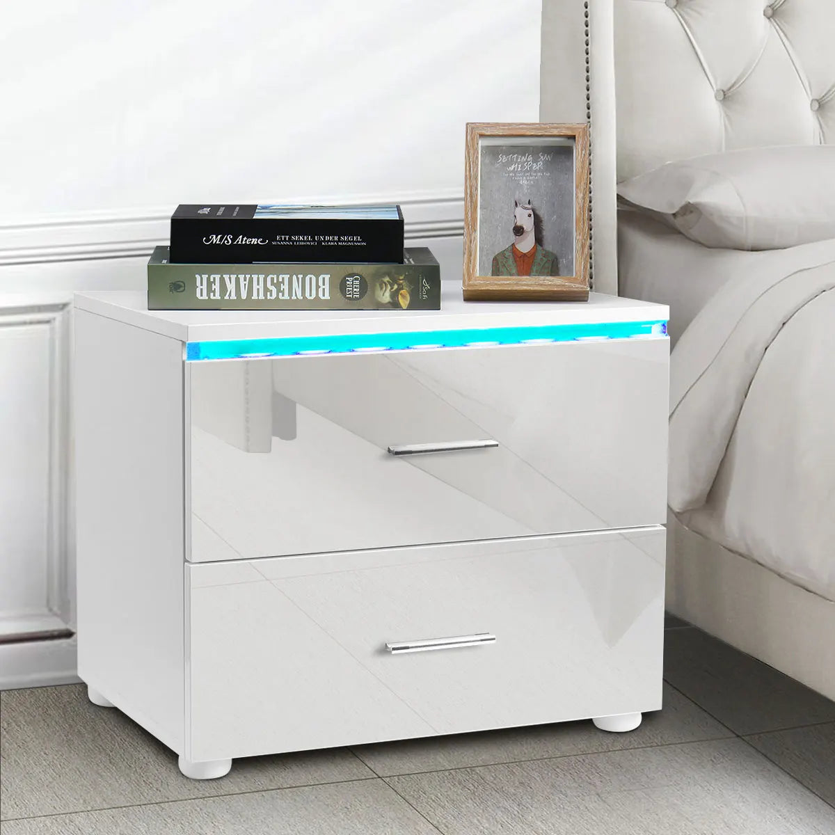 Modern Luxury LED Light Nightstand w/2 Drawers Organizer Storage Cabinet Bedside Table Bedroom Furniture for Night 20 Colors