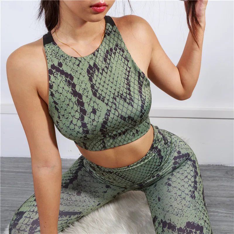 Meqeisss 2021 new Women sportswear fitness snake pattern 2 pieces set stracksuit print casual sleeveless gym clothing slim thin