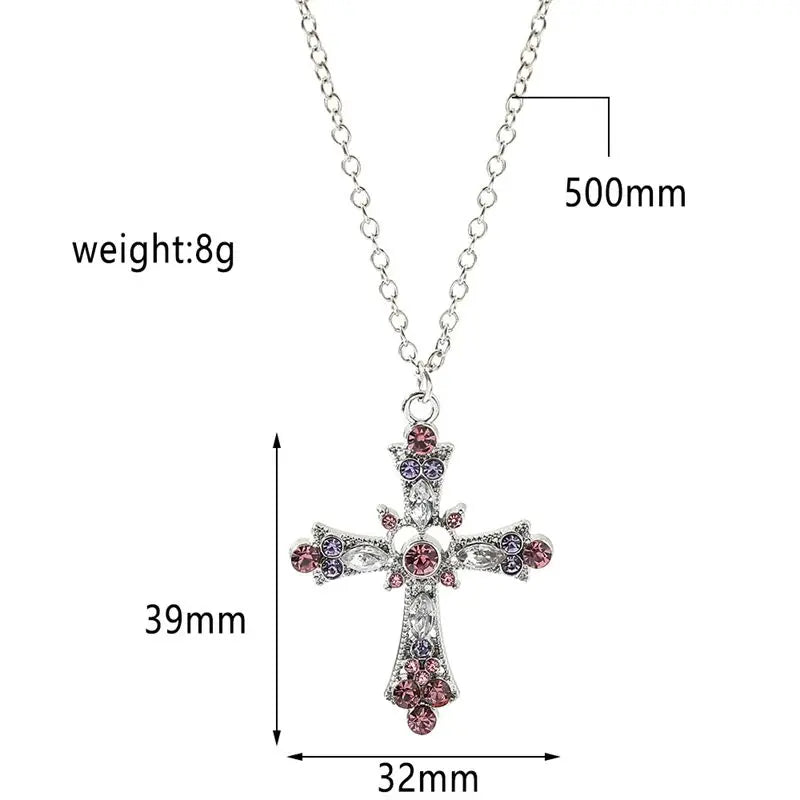 Gothic Pink Cross Necklace Y2K Purple Zircon Punk Pendant Necklace Grunge Heart Cross Necklace for Women Jewelry Accessories