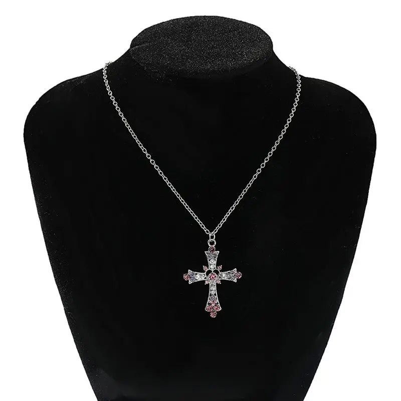 Gothic Pink Cross Necklace Y2K Purple Zircon Punk Pendant Necklace Grunge Heart Cross Necklace for Women Jewelry Accessories