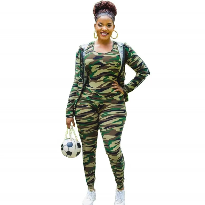 Camouflage Tracksuit Women's Sets Zipper Hooded Jacket Tops With Tank And Skinny Pants Suit Fashion Autumn Sportswear lounge Set