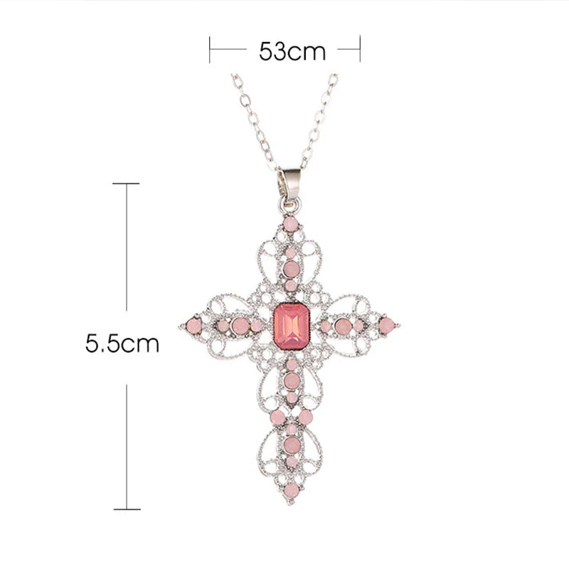 Gothic Pink Cross Necklace Y2K Purple Zircon Punk Pendant Necklace Grunge Heart Cross Necklace for Women Jewelry Accessories