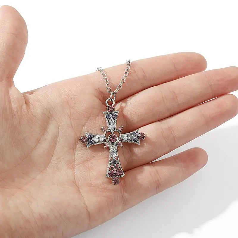 Gothic Pink Cross Necklace Y2K Purple Zircon Punk Pendant Necklace Grunge Heart Cross Necklace for Women Jewelry Accessories