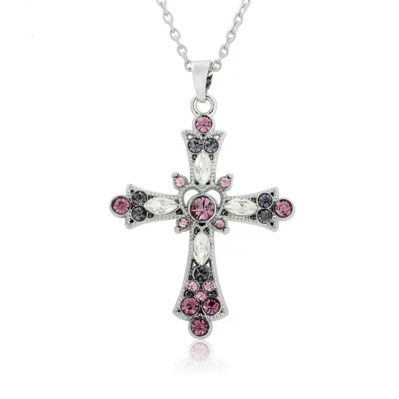 Gothic Pink Cross Necklace Y2K Purple Zircon Punk Pendant Necklace Grunge Heart Cross Necklace for Women Jewelry Accessories