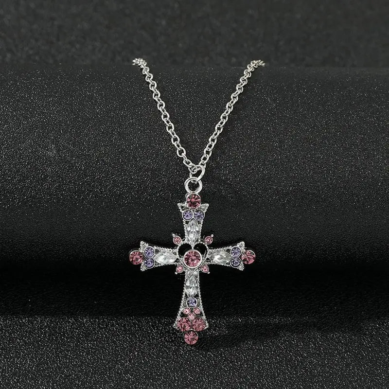 Gothic Pink Cross Necklace Y2K Purple Zircon Punk Pendant Necklace Grunge Heart Cross Necklace for Women Jewelry Accessories