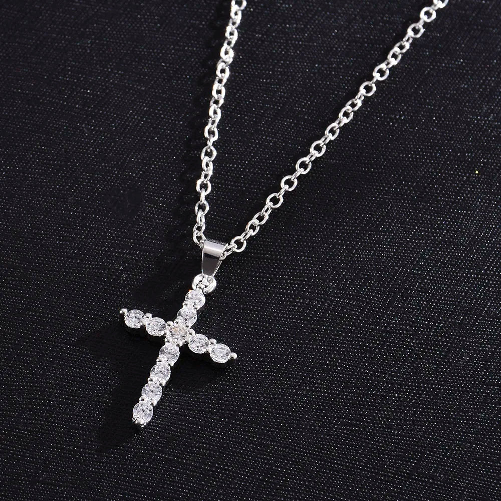 Simple Love Cross Pendant Choker Necklace Charm Rhinestone Couples Jewelry Women's Neck Chain Christmas Gift Lady Necklace