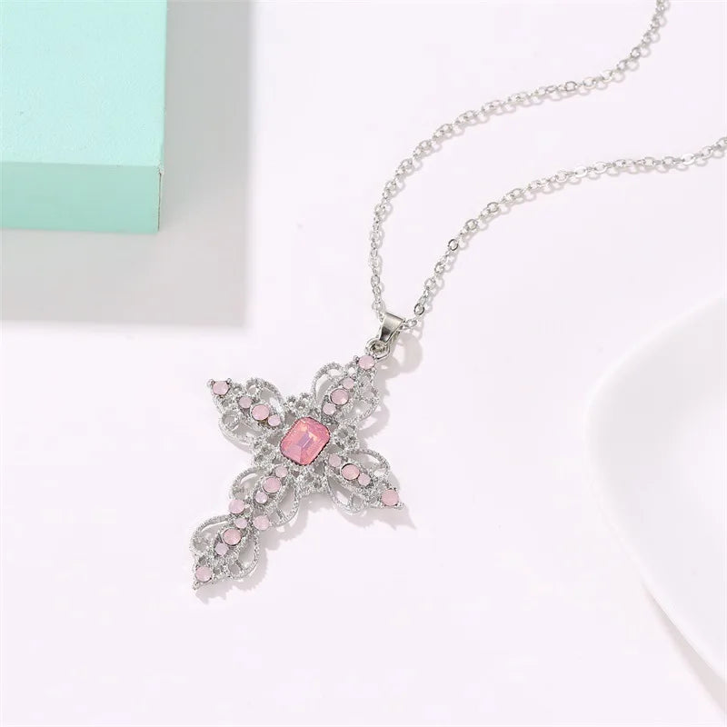 Gothic Pink Cross Necklace Y2K Purple Zircon Punk Pendant Necklace Grunge Heart Cross Necklace for Women Jewelry Accessories