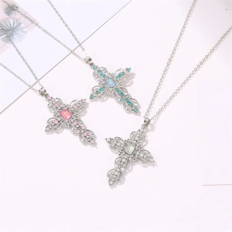 Gothic Pink Cross Necklace Y2K Purple Zircon Punk Pendant Necklace Grunge Heart Cross Necklace for Women Jewelry Accessories