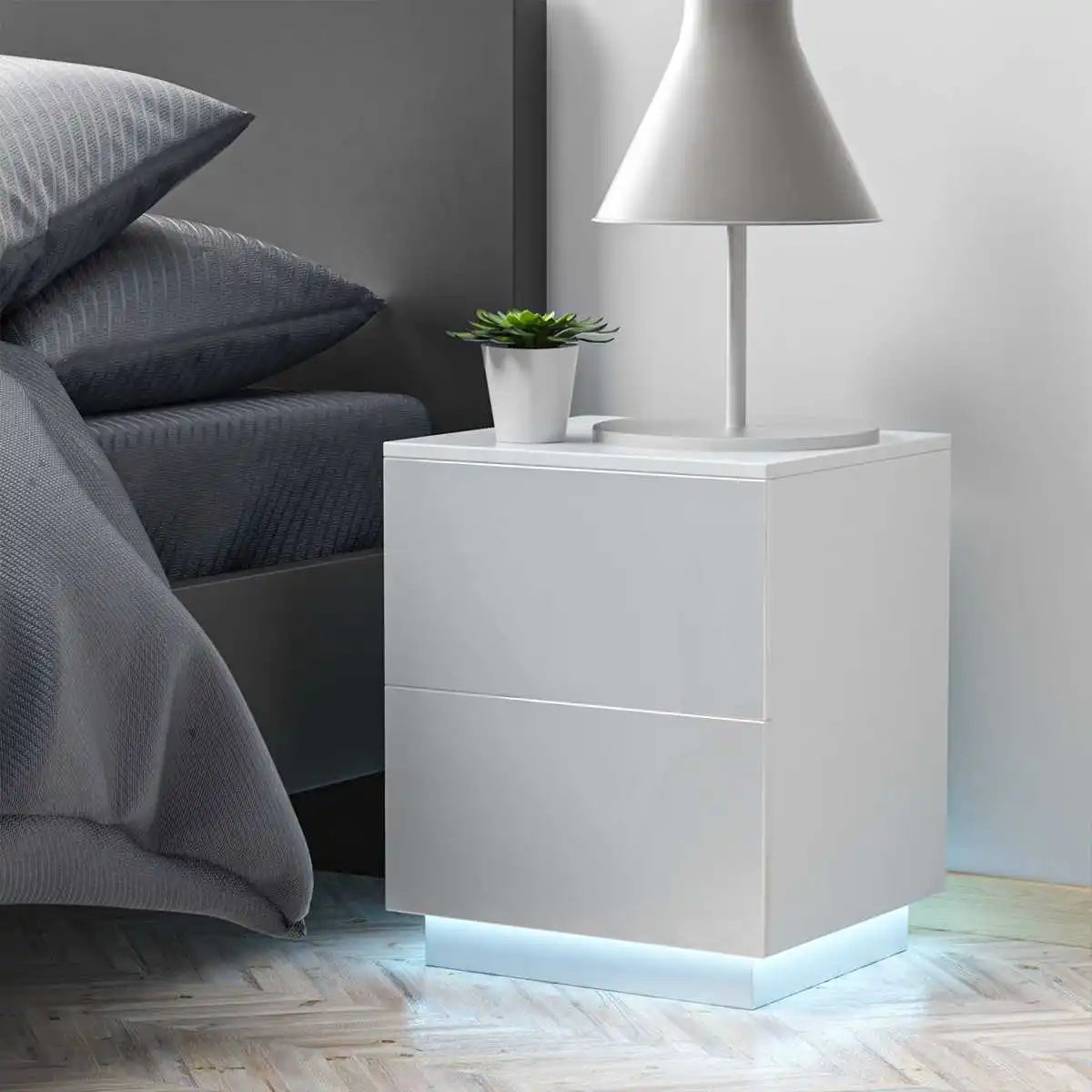 Modern Luxury LED Light Nightstand w/2 Drawers Organizer Storage Cabinet Bedside Table Bedroom Furniture for Night 20 Colors