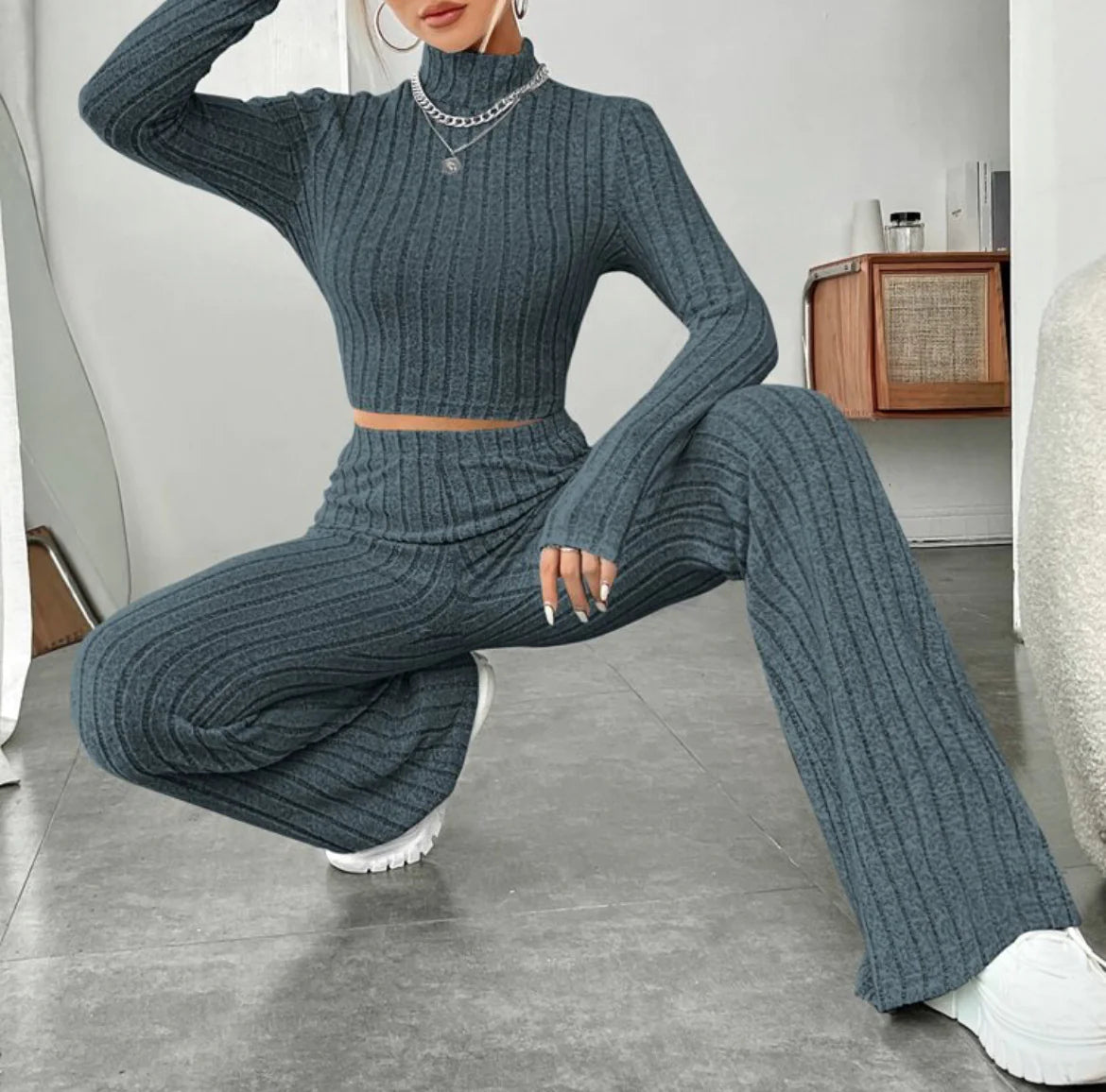 ESSENTIAL Long Sleeve Turtlenecks Wide Leg t High Waist Trousers Suit