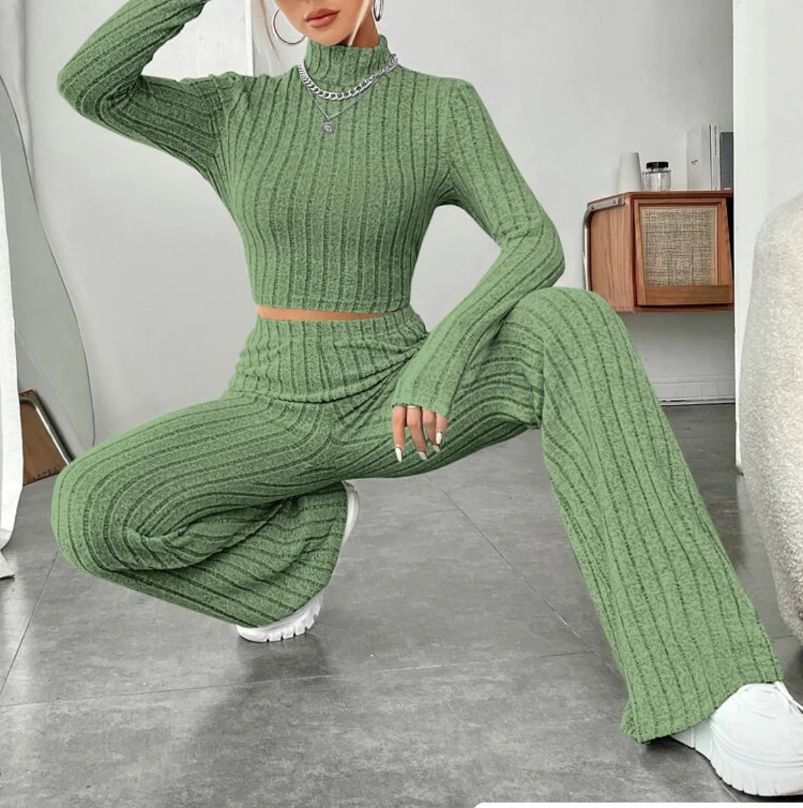 ESSENTIAL Long Sleeve Turtlenecks Wide Leg t High Waist Trousers Suit