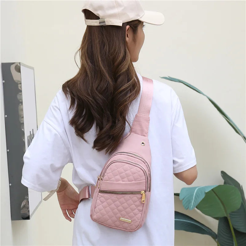 Women Pink Chest Bag 2024 Ladies Waterproof White Chest Backpack Shoulder Bag Oxford Cloth Crossbody Bag Cycling Sports Backpack