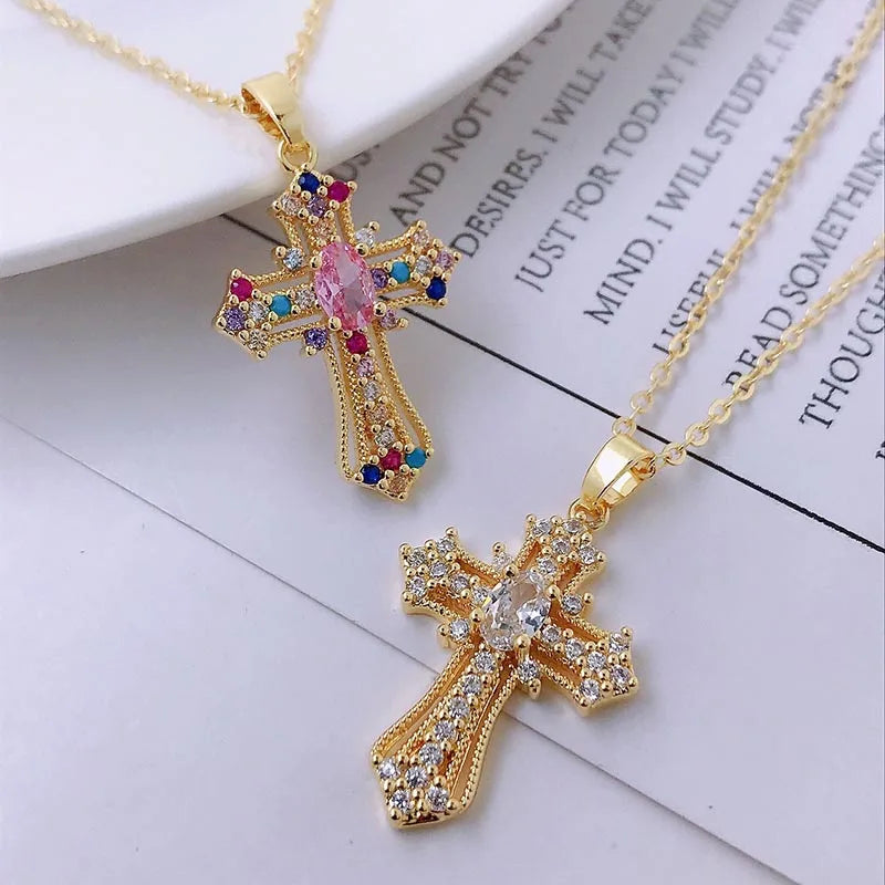 Men Women Hip Hop Zircon Cross Shiny Pendant Stainless Steel Necklace Charm Bling Exquisite Necklaces Jewelry Fashion Gifts