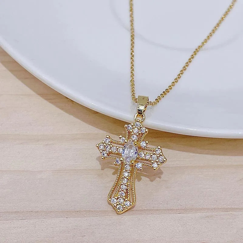 Men Women Hip Hop Zircon Cross Shiny Pendant Stainless Steel Necklace Charm Bling Exquisite Necklaces Jewelry Fashion Gifts