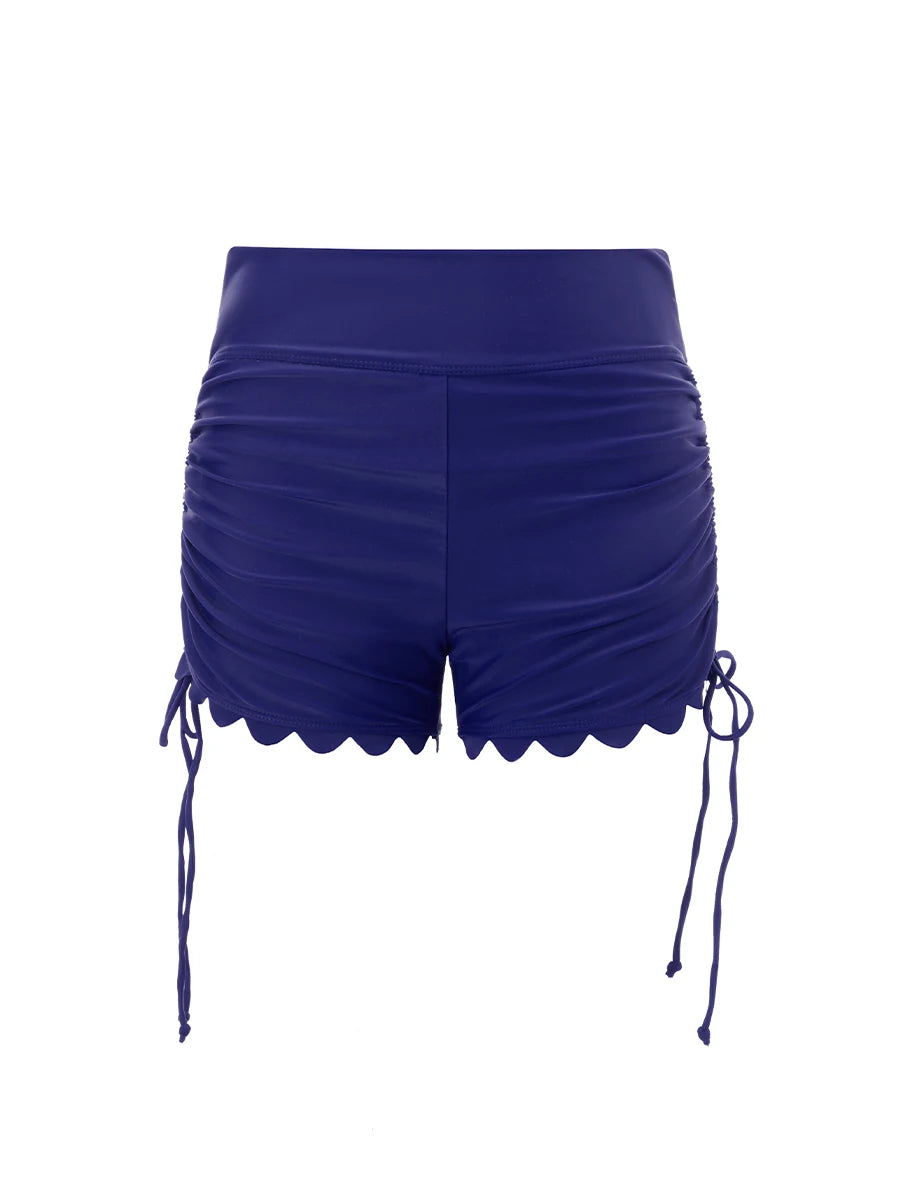 Women Swim Shorts High Waist Drawstring Wavy Hem Solid Summer Bathing Surfing Bottoms