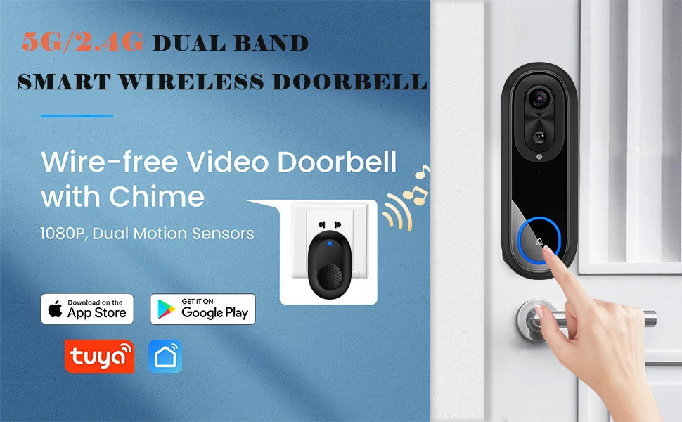 5G 2.4G WiFi Video Doorbell 1080P Wireless Bell Tuya APP Smart Intercom Camera IP65 Waterproof Ring Bell with 7000mAh Battery