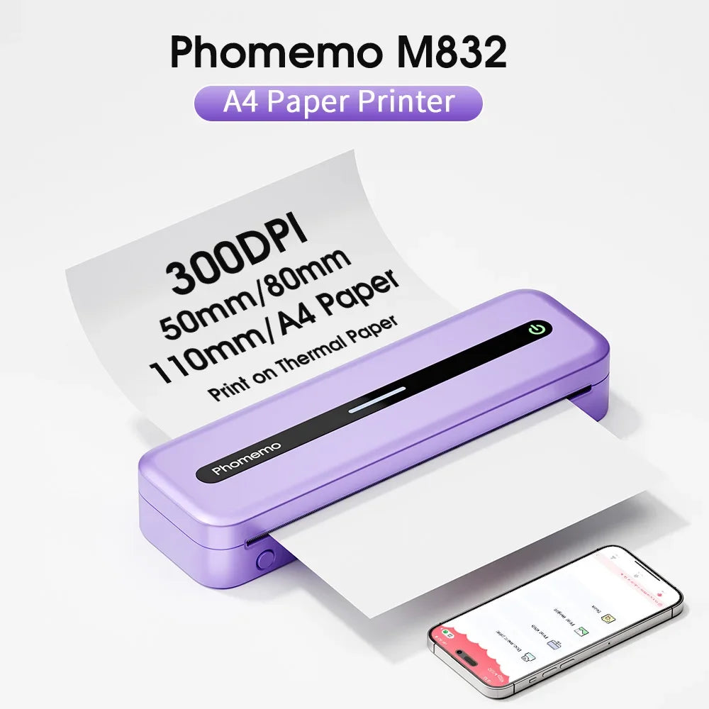 Phomemo M832 Thermal Printer A4 Bluetooth Portable Printer Wireless Inkless Printer for Home Photo Tattoo Compatible with Phone