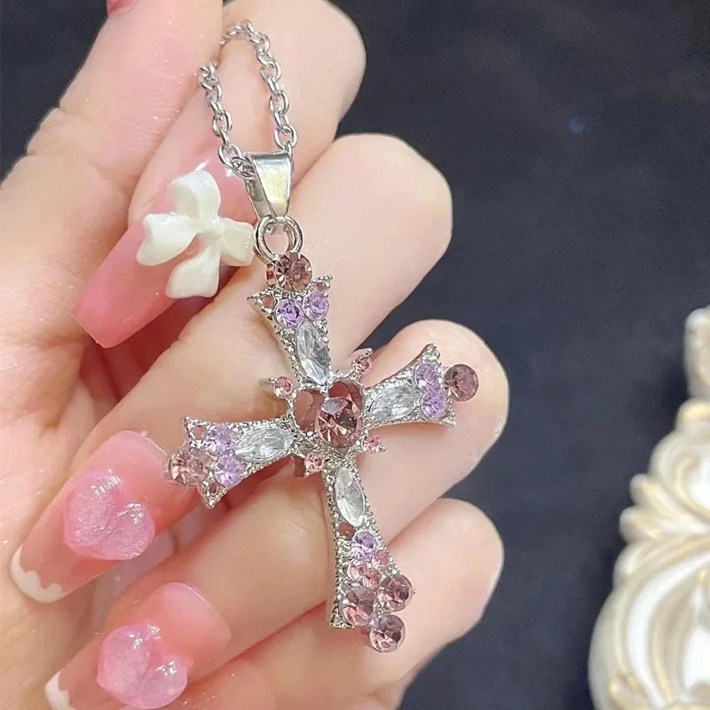 Y2K Zircon Cross Necklace Pink Purple Love Heart Cross Pendant Necklaces for Women Gothic Fine Jewelry Party Girls Accessories